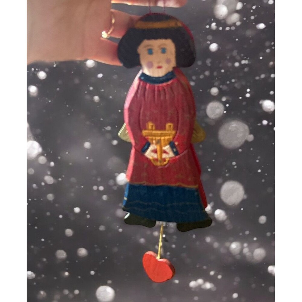 Angel Wooden Christmas Vintage Ornament W/ Harp Heart String Wings Brown Hair